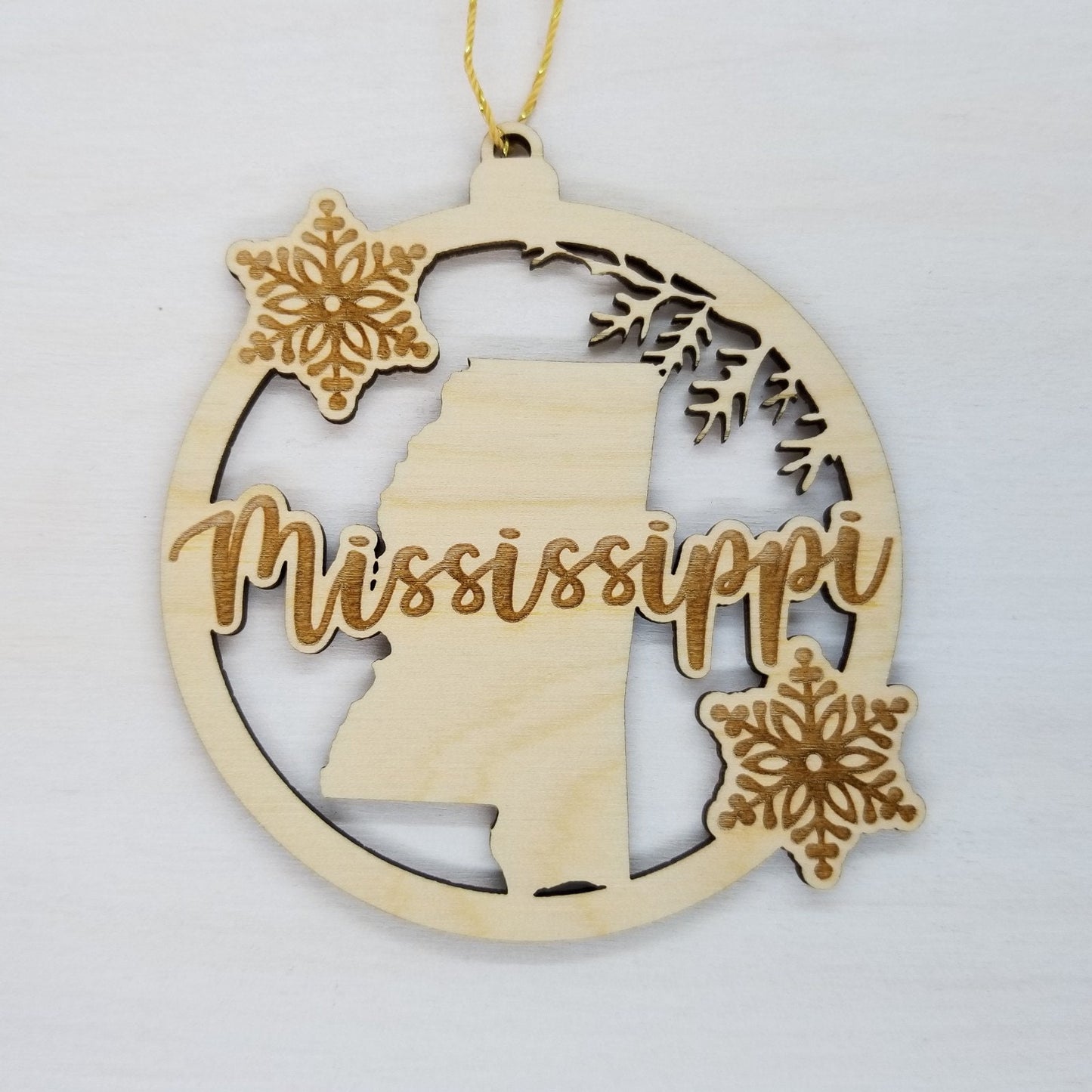 Mississippi Wood Ornament - MS State Shape with Snowflakes Cutout - Handmade in USA - 15385