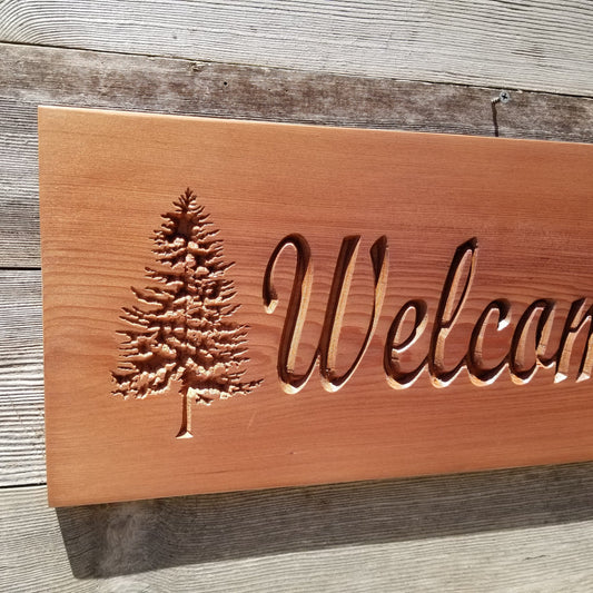 Welcome Sign with Two Trees Handmade Carved Sign Redwood