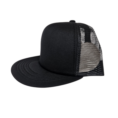 Solid Trucker Mesh BLACK Cap or Hat with FLAT Bill or Visor - 0141-01