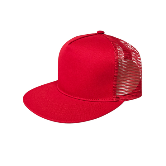Solid Trucker Mesh RED Cap or Hat with FLAT Bill or Visor - 0141-36