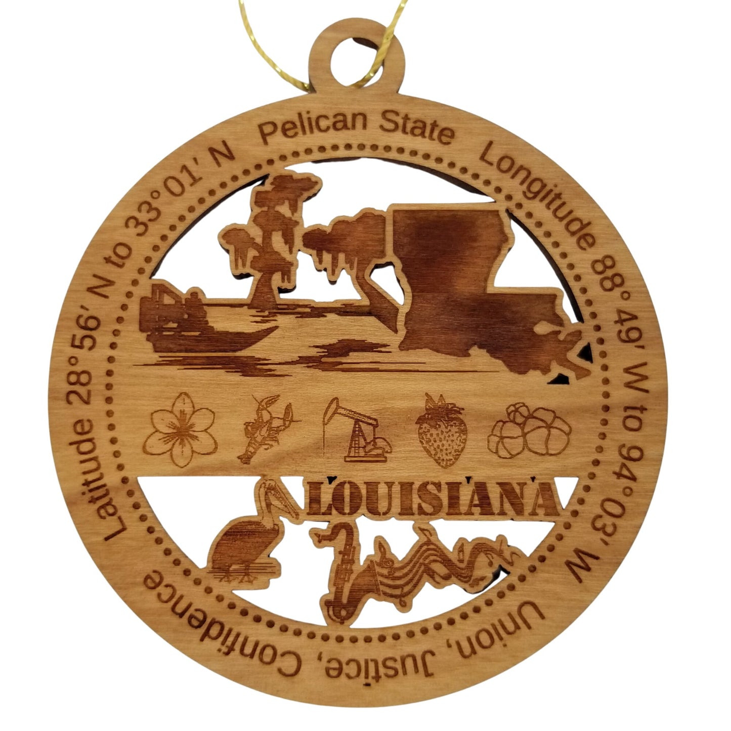 Louisiana Wood Ornament -  LA Souvenir - Handmade Wood Ornament Made in USA State Shape Oil Drill Fan Swamp Boat Strawberry Sax Music