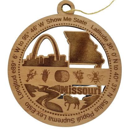 Missouri Wood Ornament - MO Souvenir - Handmade Wood Ornament Made in USA State Shape Gateway Arch Lobster Corn Bee Horse