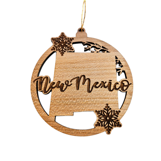New Mexico Wood Ornament -  State Shape with Snowflakes Cutout NM - Handmade in USA -15431C