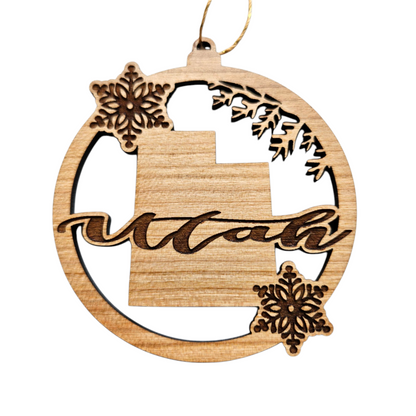Utah Wood Ornament -  State Shape with Snowflakes UT Cutout - 15409