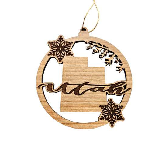 Utah Wood Ornament -  State Shape with Snowflakes UT Cutout - 15409