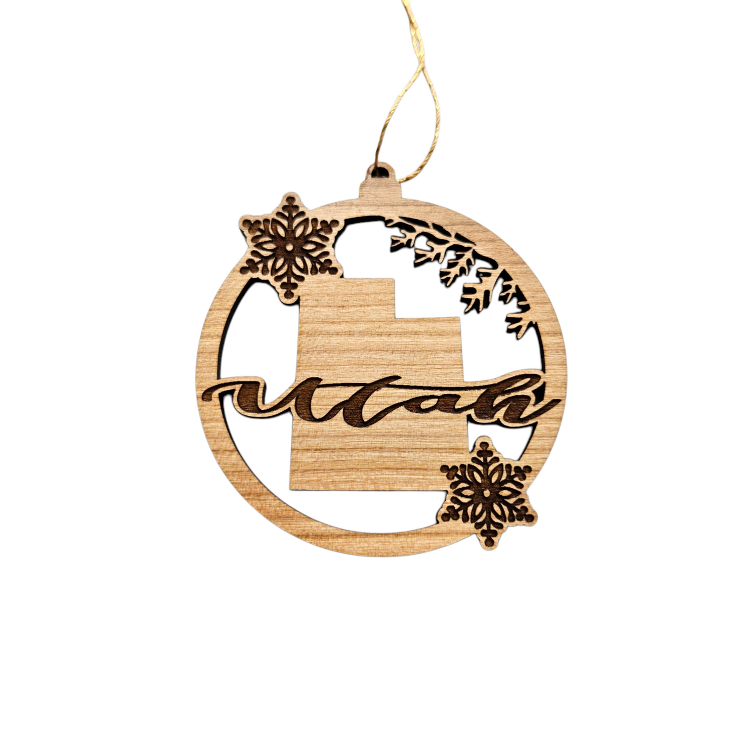 Utah Wood Ornament -  State Shape with Snowflakes UT Cutout - 15409