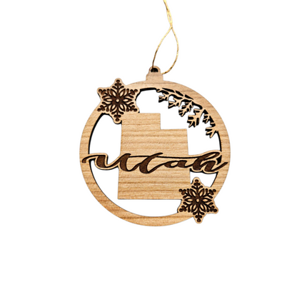 Utah Wood Ornament -  State Shape with Snowflakes UT Cutout - 15409