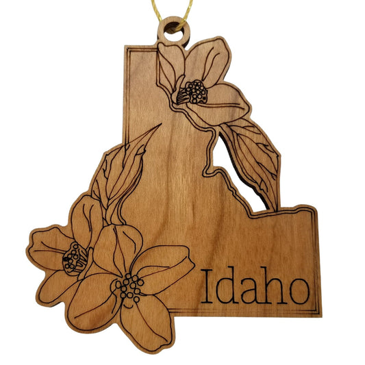 Wholesale Idaho Wood Ornament -  ID State Shape with State Flowers Syringa - Handmade Wood Souvenir