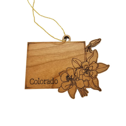 Wholesale Colorado Wood Ornament -  CO State Shape with State Flowers Colorado Blue Colulmbine - Handmade Wood Souvenir