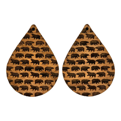 Wholesale Wood Earrings - Bear Pattern Engraved Teardrop Wood Earrings - Dangle Earrings Full Walking Bear