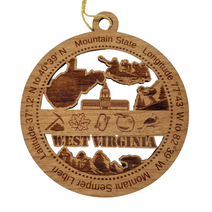 West Virginia Wood Ornament -  WV Souvenir  - Handmade Wood Ornament Made in USA State Shape Skiing Capitol Building Rowing Boating