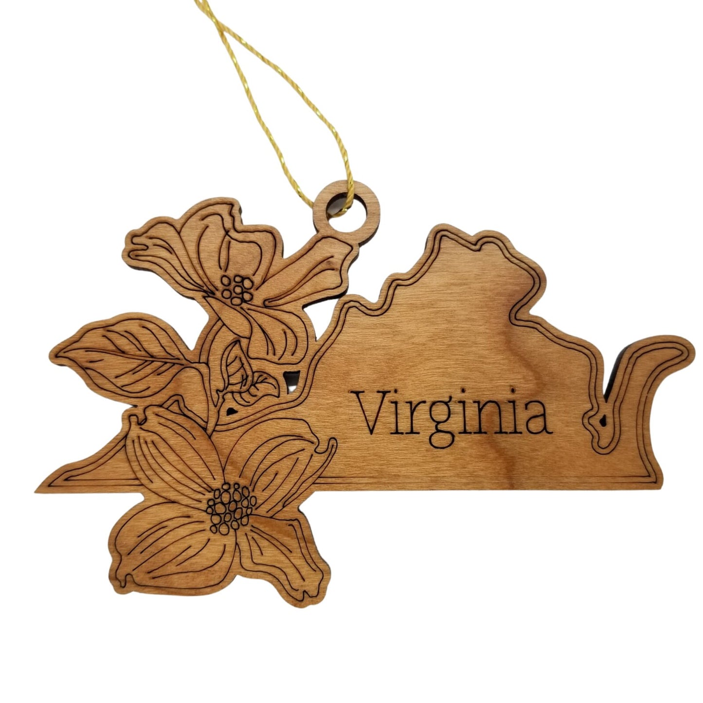 Virginia Wood Ornament -  VA State Shape with State Flowers Cutout - Handmade Wood Ornament Made in USA Christmas Decor