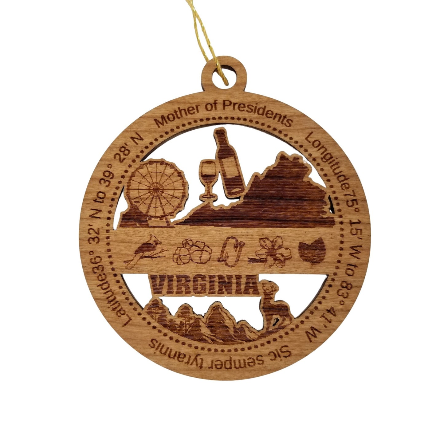 Virginia Wood Ornament -  VA Souvenir - Handmade Wood Ornament Made in USA State Shape Cardinal Fish Hooks Wine Ferris Wheel Mountains Trees