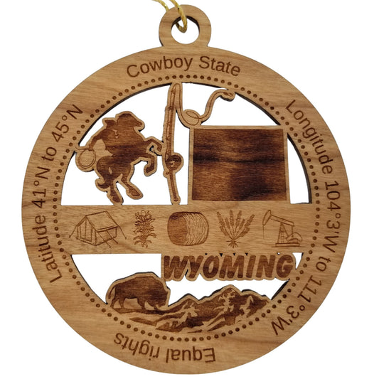 Wyoming Wood Ornament - WY Souvenir - Handmade Wood Ornament Made in USA State Shape Cowboy Fishing Pole Tent Buffalo Bison Oil Drill