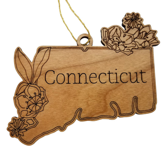 Wholesale Connecticut Wood Ornament -  CT State Shape with State Flowers Mountain Laurel - Handmade Wood Souvenir