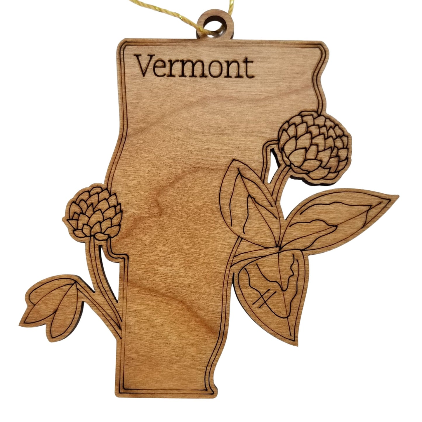 Wholesale Vermont Wood Ornament -  State Shape with State Flowers Red Clover VT - Handmade Wood Souvenir