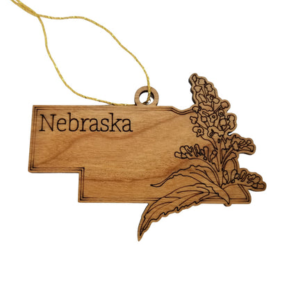 Wholesale Nebraska Wood Ornament -  NE State Shape with State Flowers Solidago - Handmade Wood Souvenir