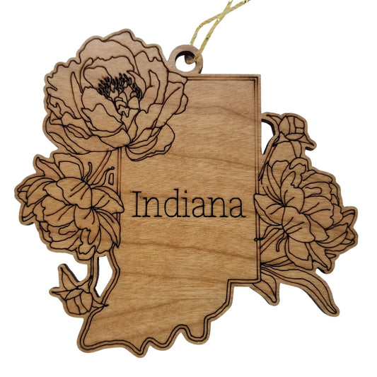 Wholesale Indiana Wood Ornament -  IN State Shape with State Flowers Cutout - Handmade Wood Souvenir