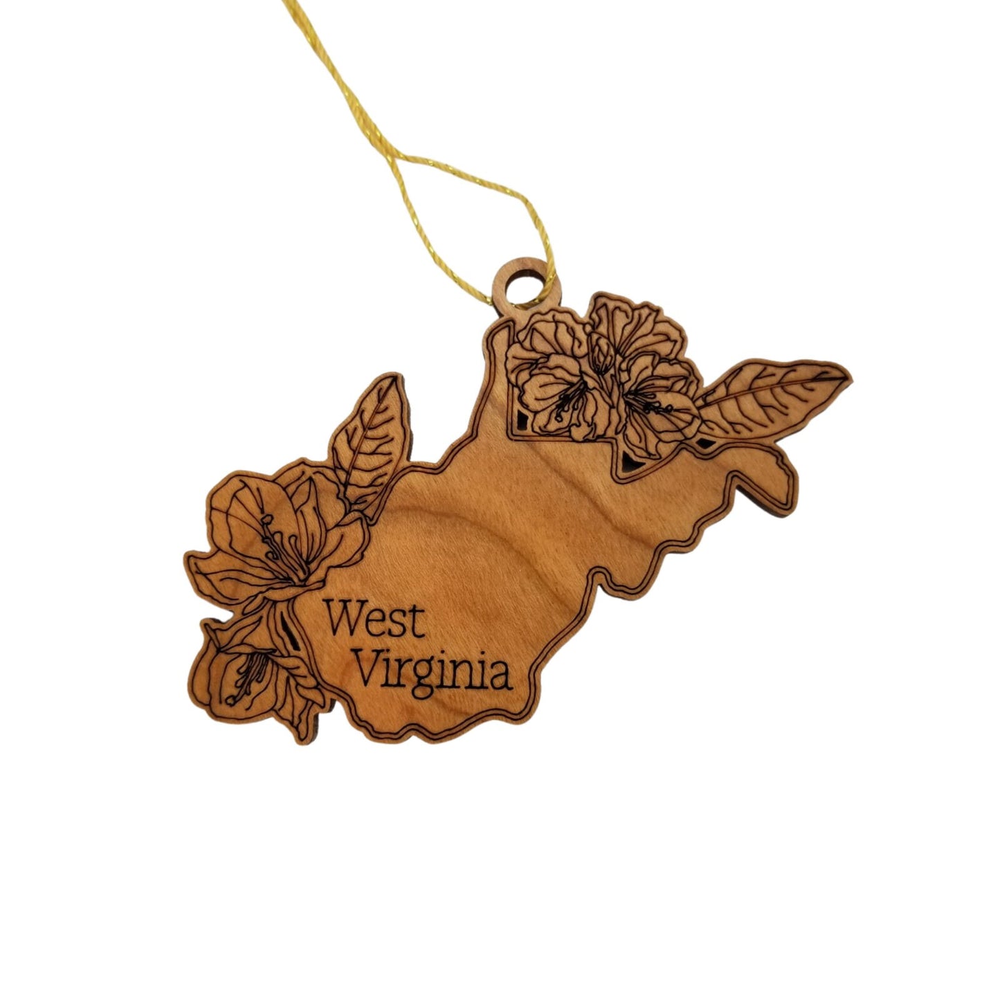 West Virginia Wood Ornament -  WV State Shape with State Flowers Rhododendron - Handmade Wood Ornament Made in USA Christmas Decor