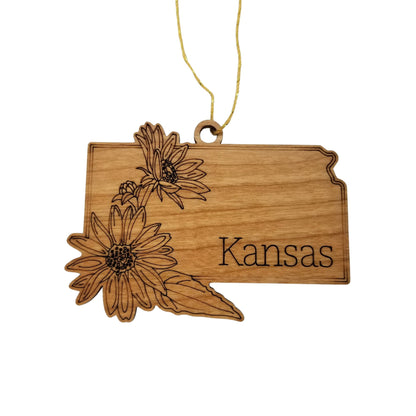 Wholesale Kansas Wood Ornament -  KS State Shape with State Flowers Wild Sunflowers - Handmade Wood Souvenir