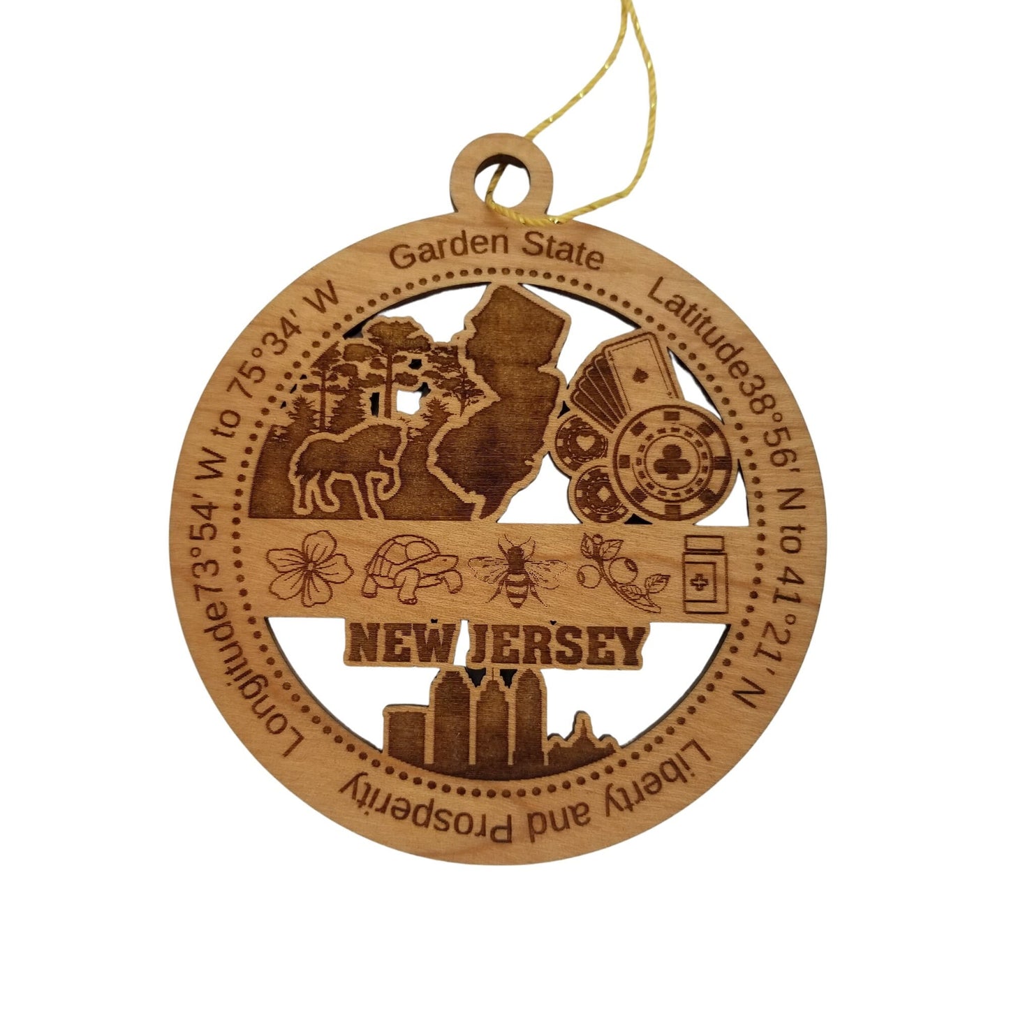 New Jersey Wood Ornament - NJ Souvenir - Handmade Wood Ornament Made in USA State Shape Horse Gambling Cards Poker Chips Bee Turtle