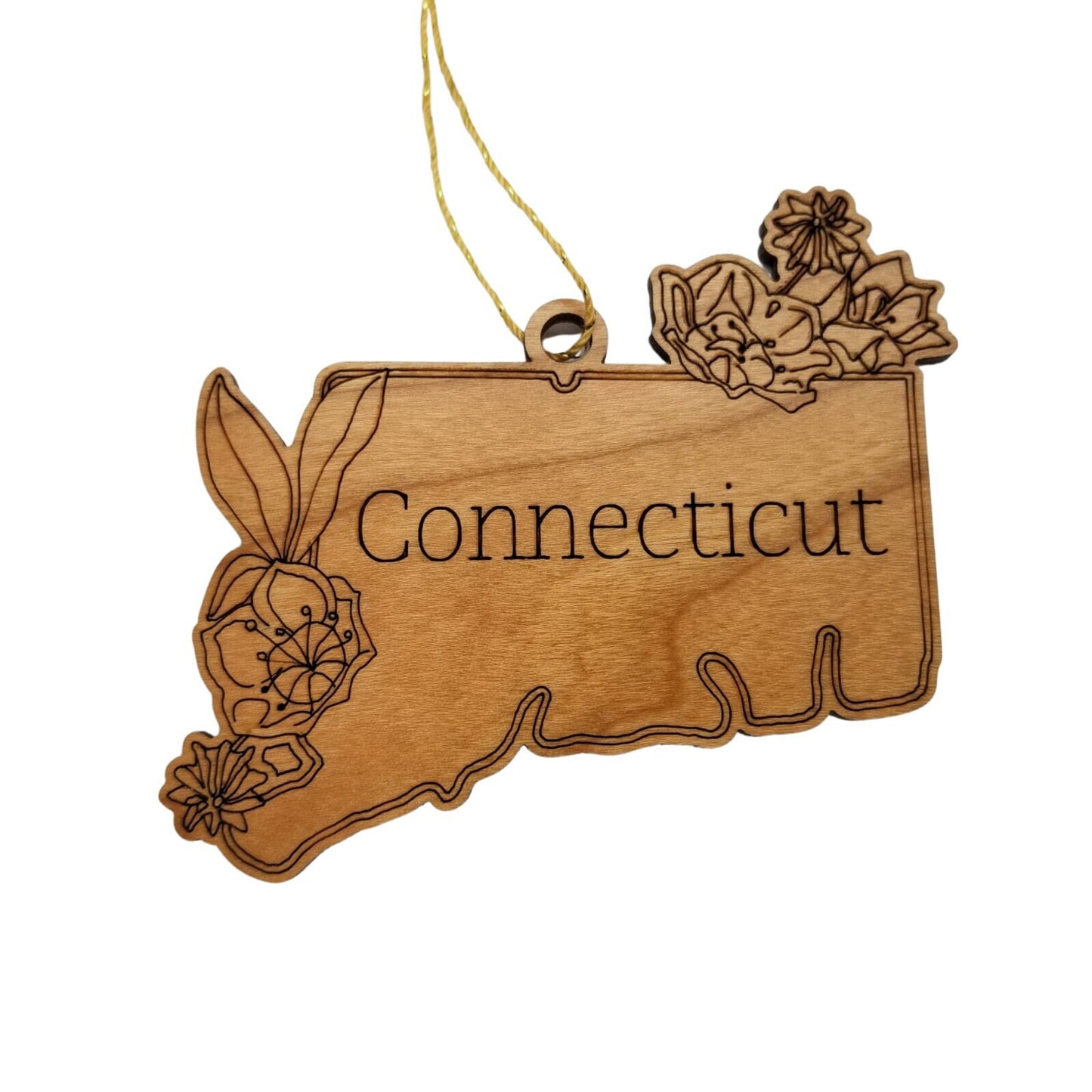 Wholesale Connecticut Wood Ornament -  CT State Shape with State Flowers Mountain Laurel - Handmade Wood Souvenir