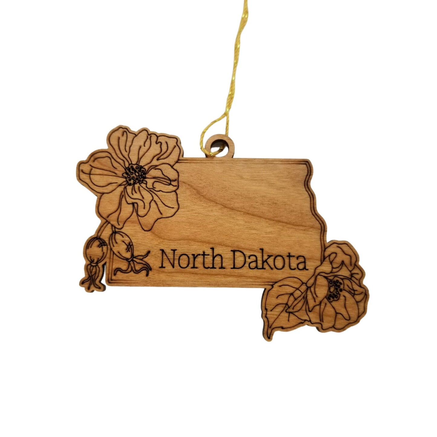 Wholesale North Dakota Wood Ornament -  State Shape with State Flowers Prairie Rose ND - Handmade Wood Souvenir