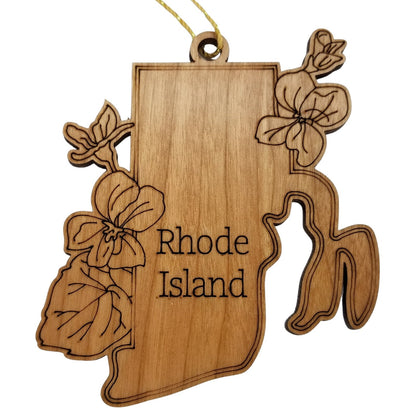 Wholesale Rhode Island Wood Ornament -  RI State Shape with State Flowers Common Blue Violets - Handmade Wood Souvenir