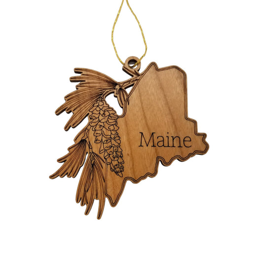 Wholesale Maine Wood Ornament -  ME State Shape with State Flowers White Pine Cone - Handmade Wood Souvenir