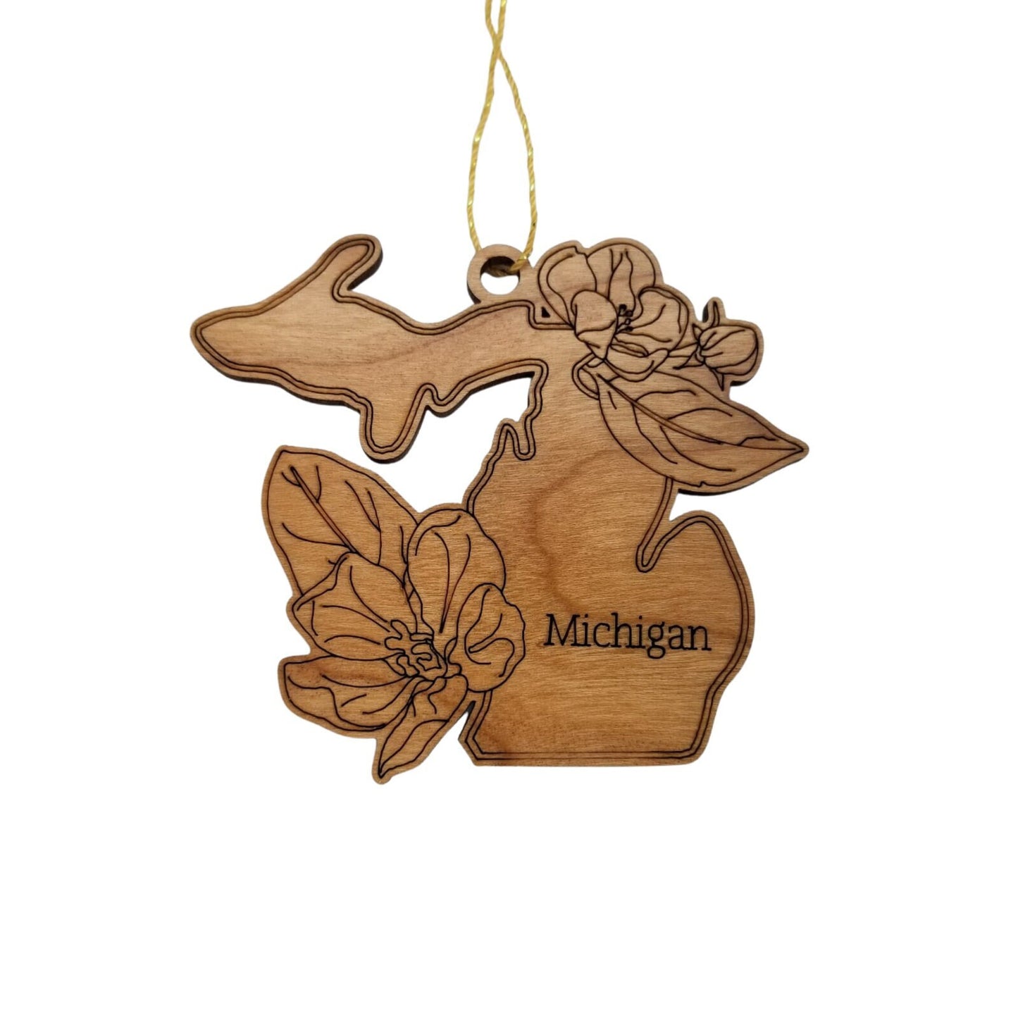 Wholesale Michigan Wood Ornament -  MI State Shape with State Flowers Apple Blossoms - Handmade Wood Souvenir