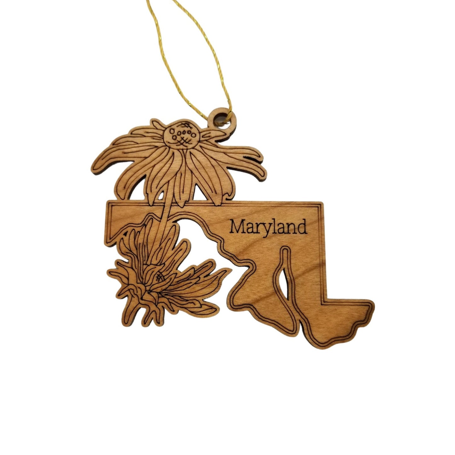 Wholesale Maryland Wood Ornament -  MD State Shape with State Flowers Black Eyed Susan - Handmade Wood Souvenir