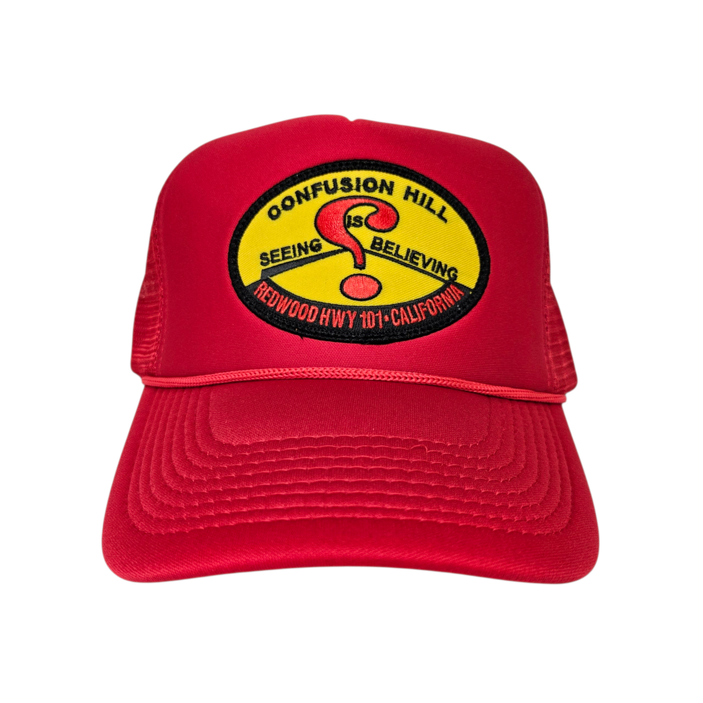Confusion Hill Oval Patch Red Trucker Mesh Hat or Cap - H1074