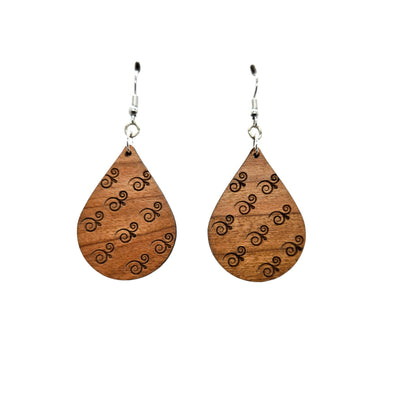 Wood Earrings - Abstract Swirl Pattern Engraved Teardrop Wood Earrings - Dangle Earrings - Anniversary Gift