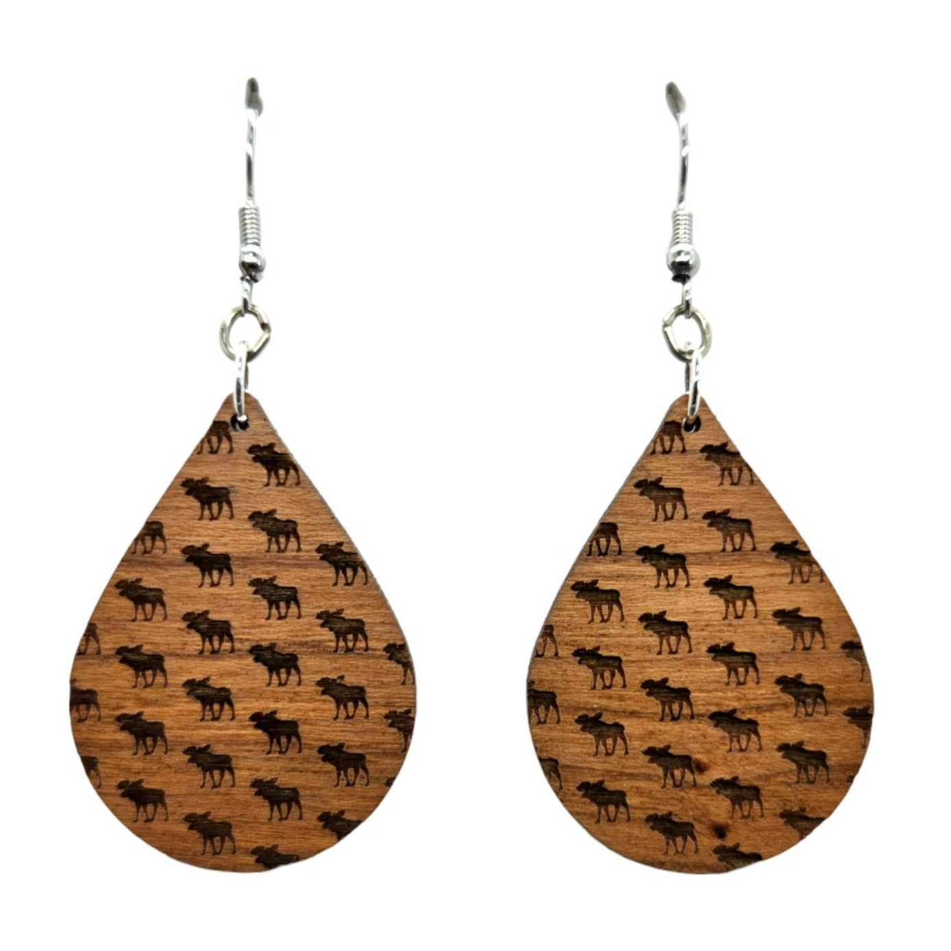 Wood Earrings - Moose Pattern Engraved Teardrop Dangle Earrings - Walking Moose - D36