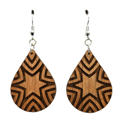 Wood Earrings - Abstract Star Rays Pattern Engraved Teardrop Wood Earrings - Dangle Earrings - Anniversary Gift Starburst