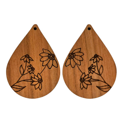 Wholesale Wood Earrings - Black Eyed Susan Floral Flower Engraved Teardrop Wood Earrings - Dangle Earrings