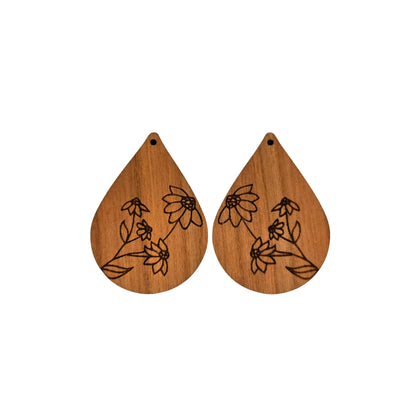 Wood Earrings - Black Eyed Susan Floral Flower Engraved Teardrop Wood Earrings - Dangle Earrings - Gift