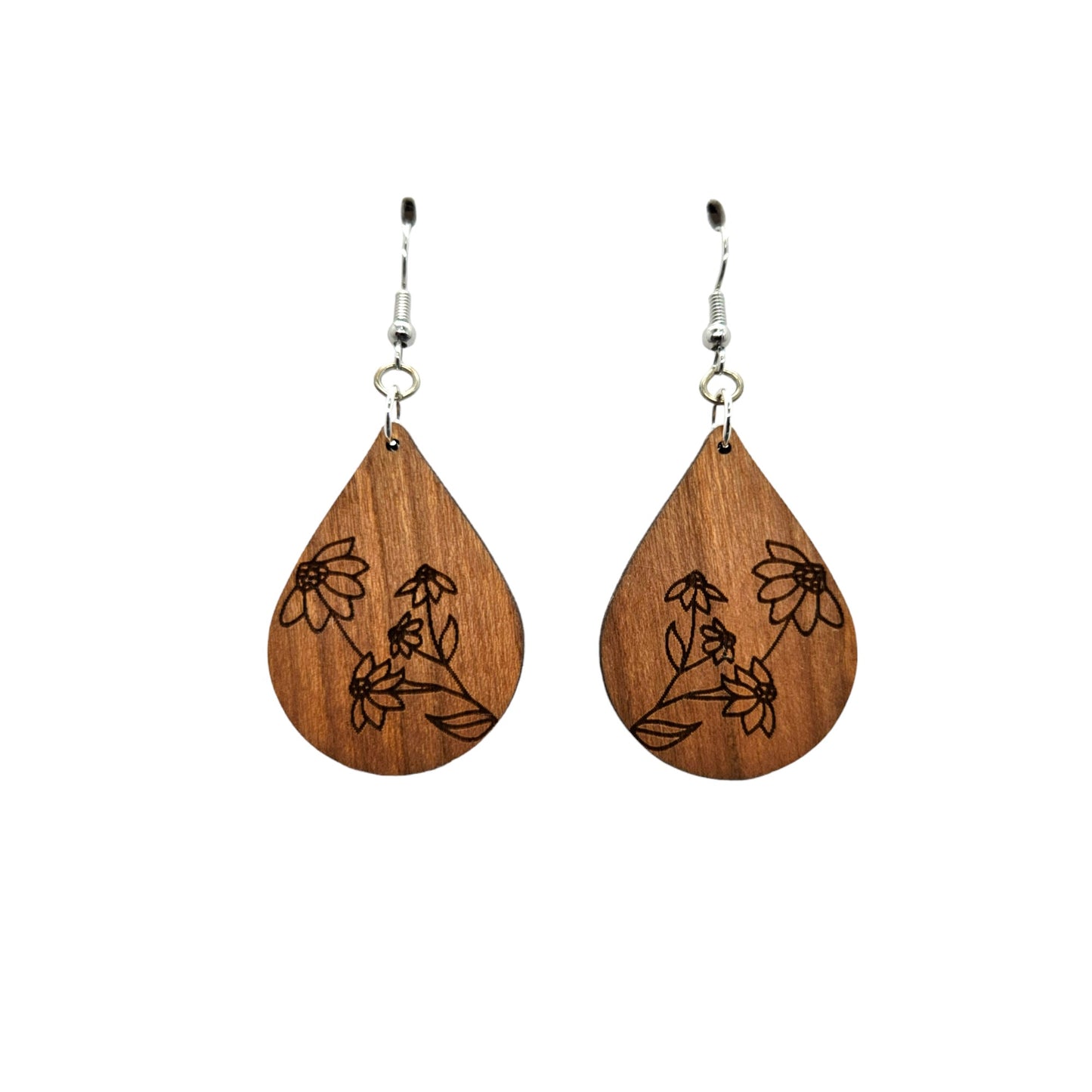 Wood Earrings - Black Eyed Susan Floral Flower Engraved Teardrop Wood Earrings - Dangle Earrings - Gift