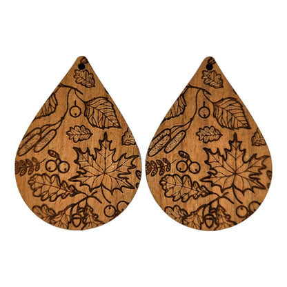 Wholesale Wood Earrings - Fall Leaves Engraved Teardrop Wood Earrings - Dangle Earrings