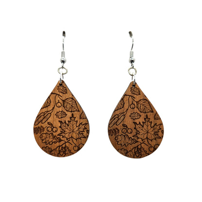 Wholesale Wood Earrings - Fall Leaves Engraved Teardrop Wood Earrings - Dangle Earrings