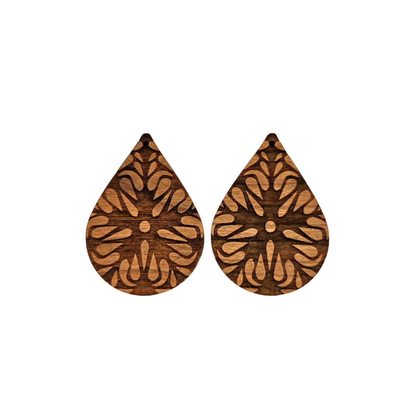 Wholesale Wood Earrings - Flower Floral Mandala Engraved Teardrop Wood Earrings - Dangle Earrings