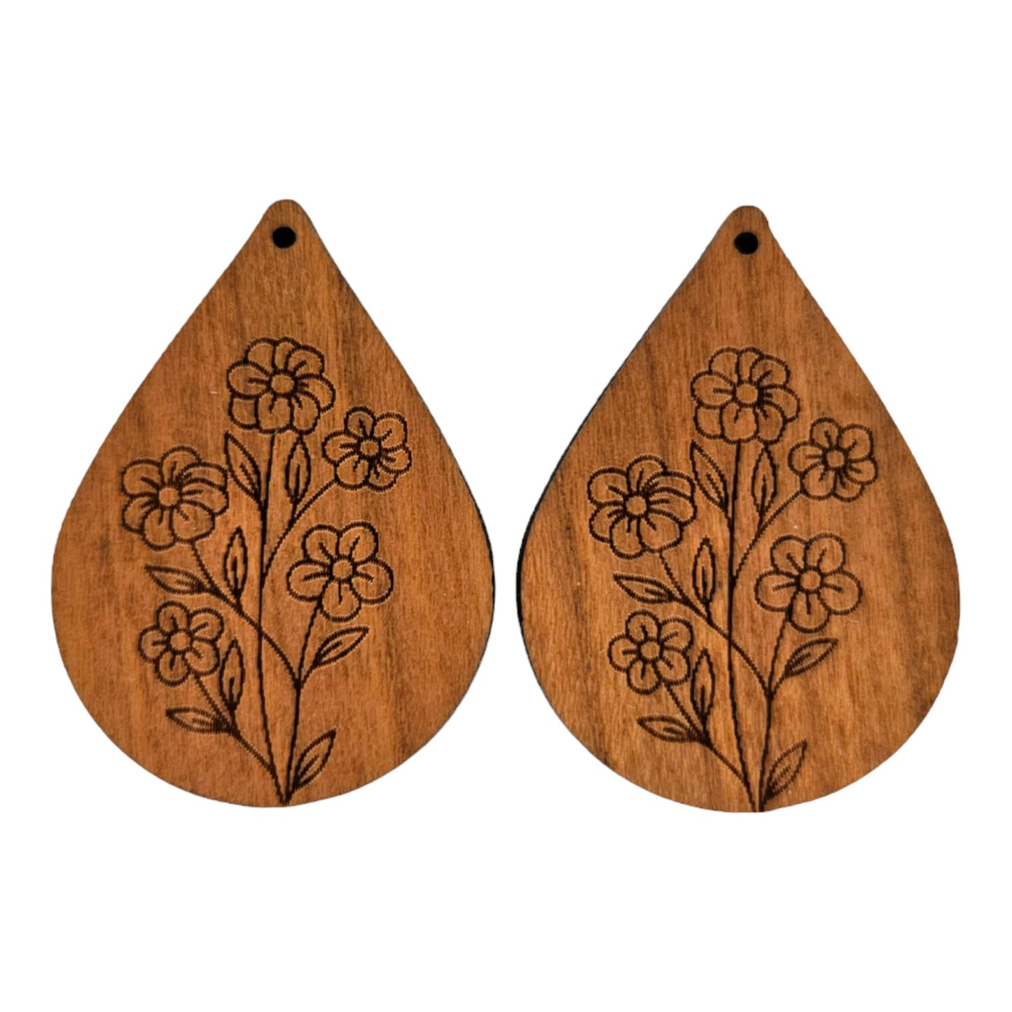 Wood Earrings - Floral 5 Flowers Engraved Teardrop Wood Earrings - Dangle Earrings - Gift