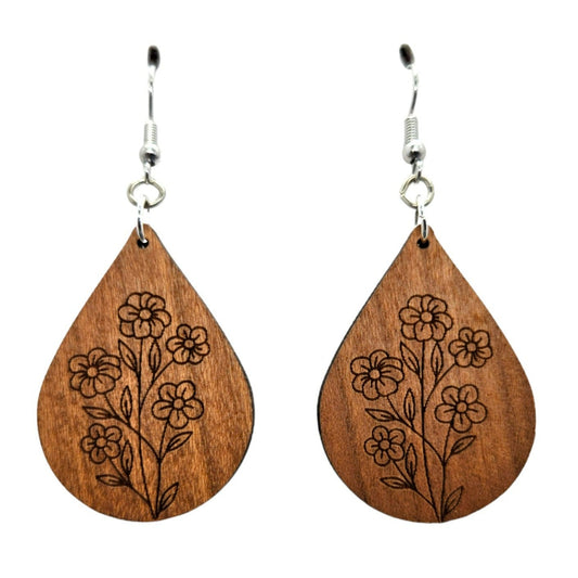 Wood Earrings - Floral 5 Flowers Engraved Teardrop Wood Earrings - Dangle Earrings - Gift