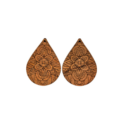 Wood Earrings - Floral Mandala Engraved Teardrop Wood Earrings - Dangle Earrings - Mandala Floral Pattern Gift