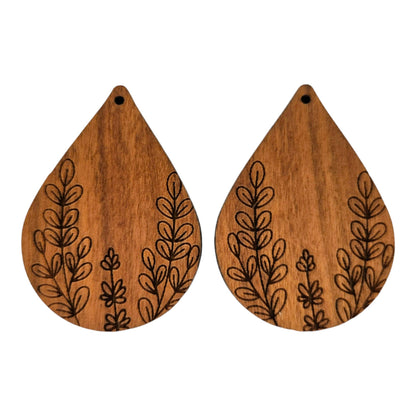 Wholesale Wood Earrings - Floral Leaf Engraved Teardrop Wood Earrings - Dangle Earrings