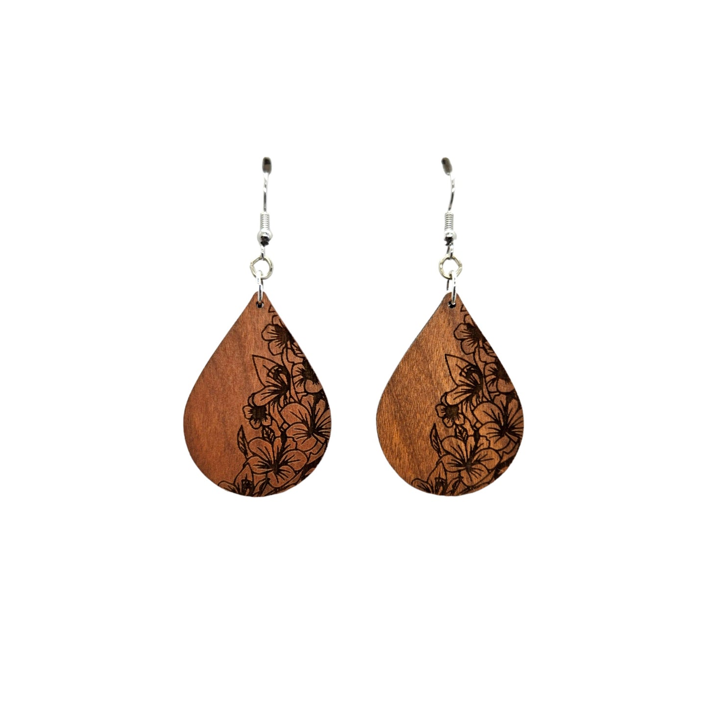 Wood Earrings - Floral Engraved Teardrop Wood Earrings - Dangle Earrings - Gift - Drop Earrings Lightweight