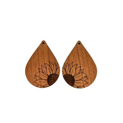 Wood Earrings - Sunflower Flower Floral Engraved Teardrop Wood Earrings - Dangle Earrings - Gift - Drop Earrings Lightweight