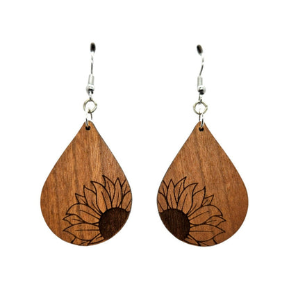 Wood Earrings - Sunflower Flower Floral Engraved Teardrop Wood Earrings - Dangle Earrings - Gift - Drop Earrings Lightweight