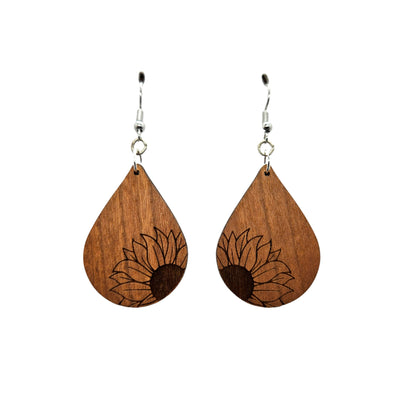 Wood Earrings - Sunflower Flower Floral Engraved Teardrop Wood Earrings - Dangle Earrings - Gift - Drop Earrings Lightweight