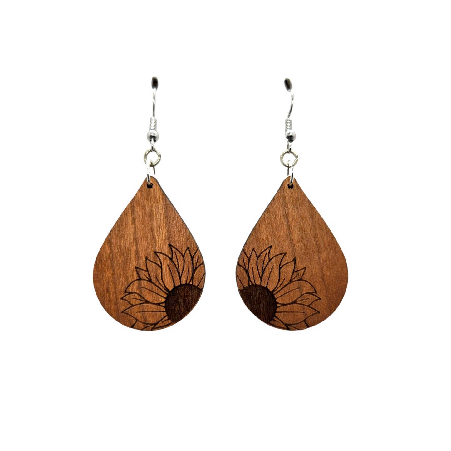 Wholesale Wood Earrings - Sunflower Flower Floral Engraved Teardrop Wood Earrings - Dangle Earrings